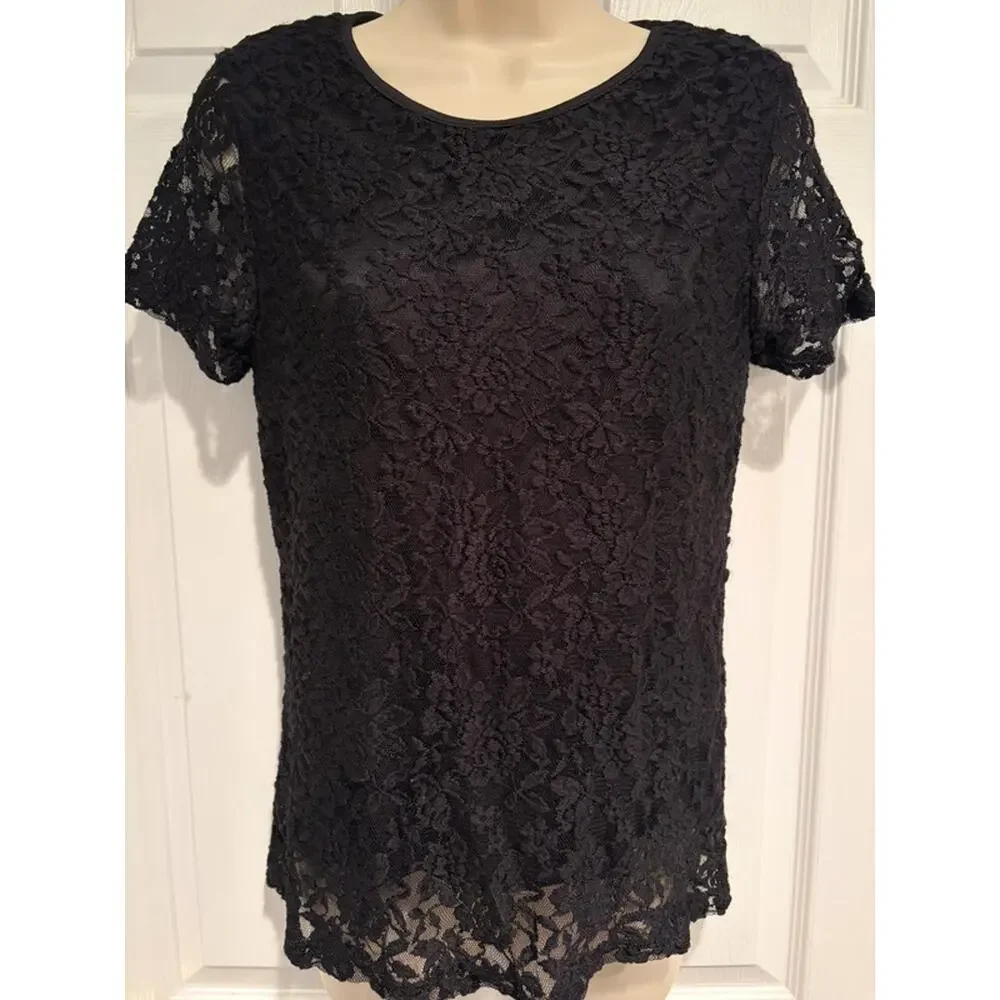 NWT Carmen Marc Valvo Black Lace Top Medium Sheer Floral Cocktail Party Chic - Picture 4 of 11